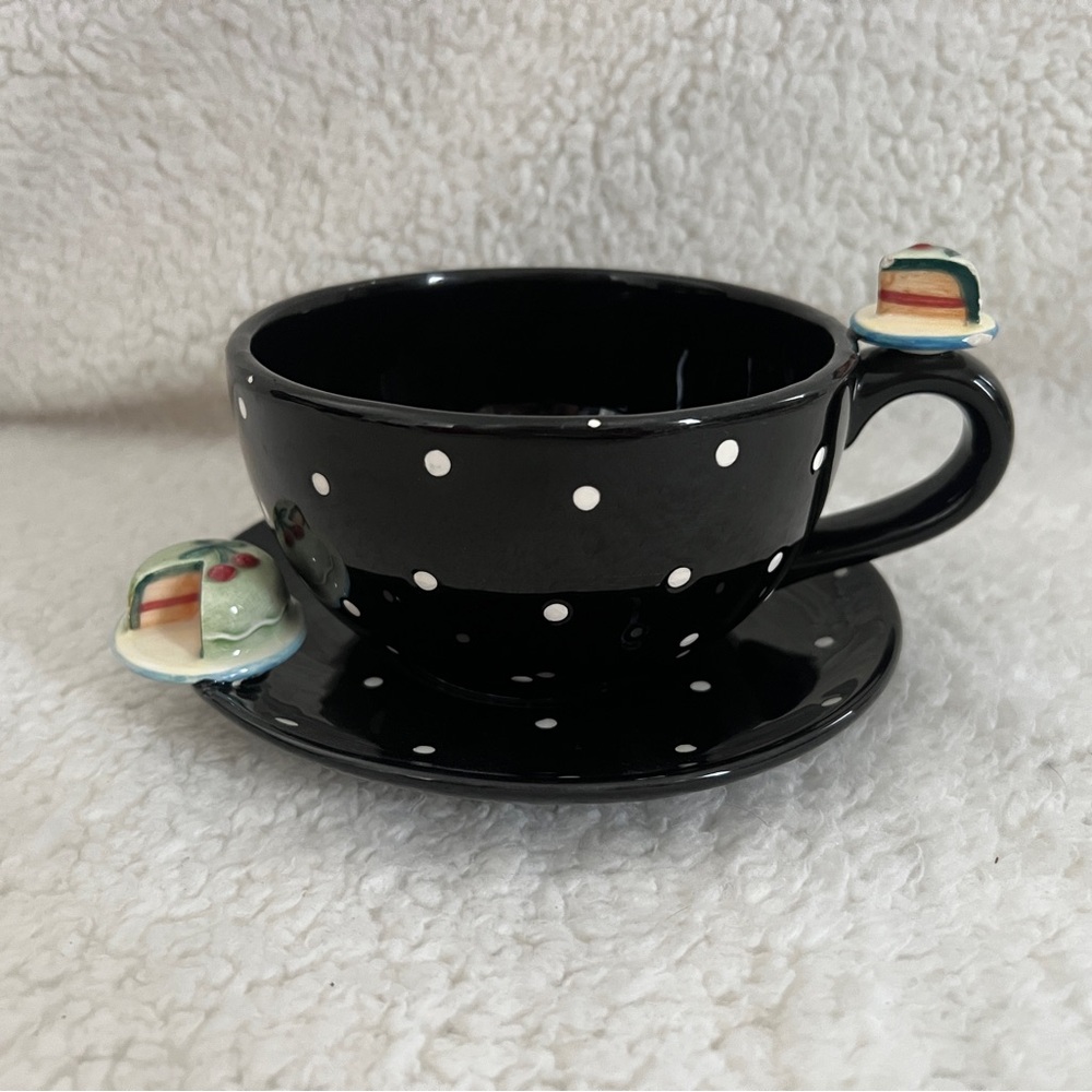 Department 56, Tea Party Sliced Cake Coffee Cup Saucer Set Black Polka Dot